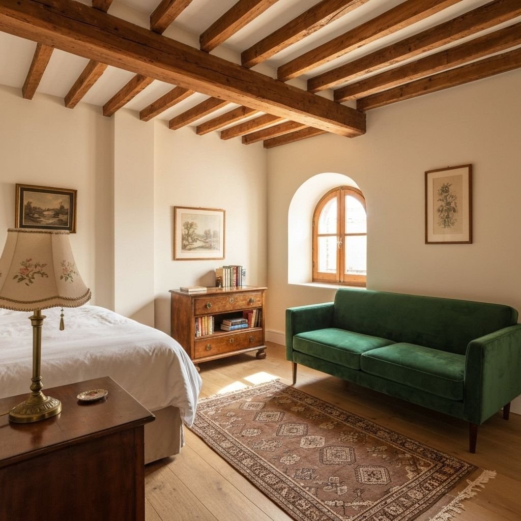 Habitación acogedora con vigas de madera