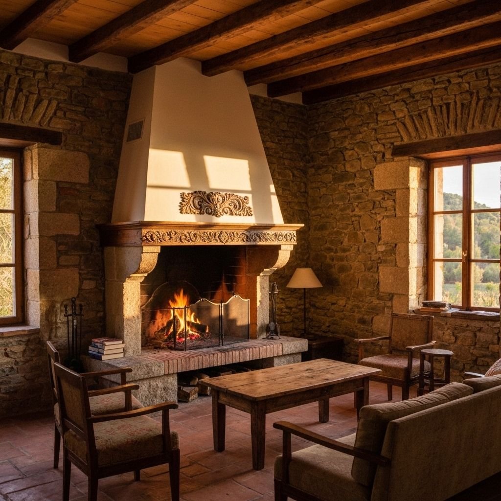 Salón con chimenea y vigas de madera